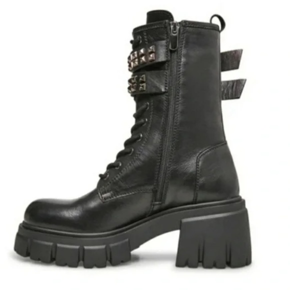 Steve Madden Black Studded Combat Boots size 9 zip lace up punk - Picture 2 of 16